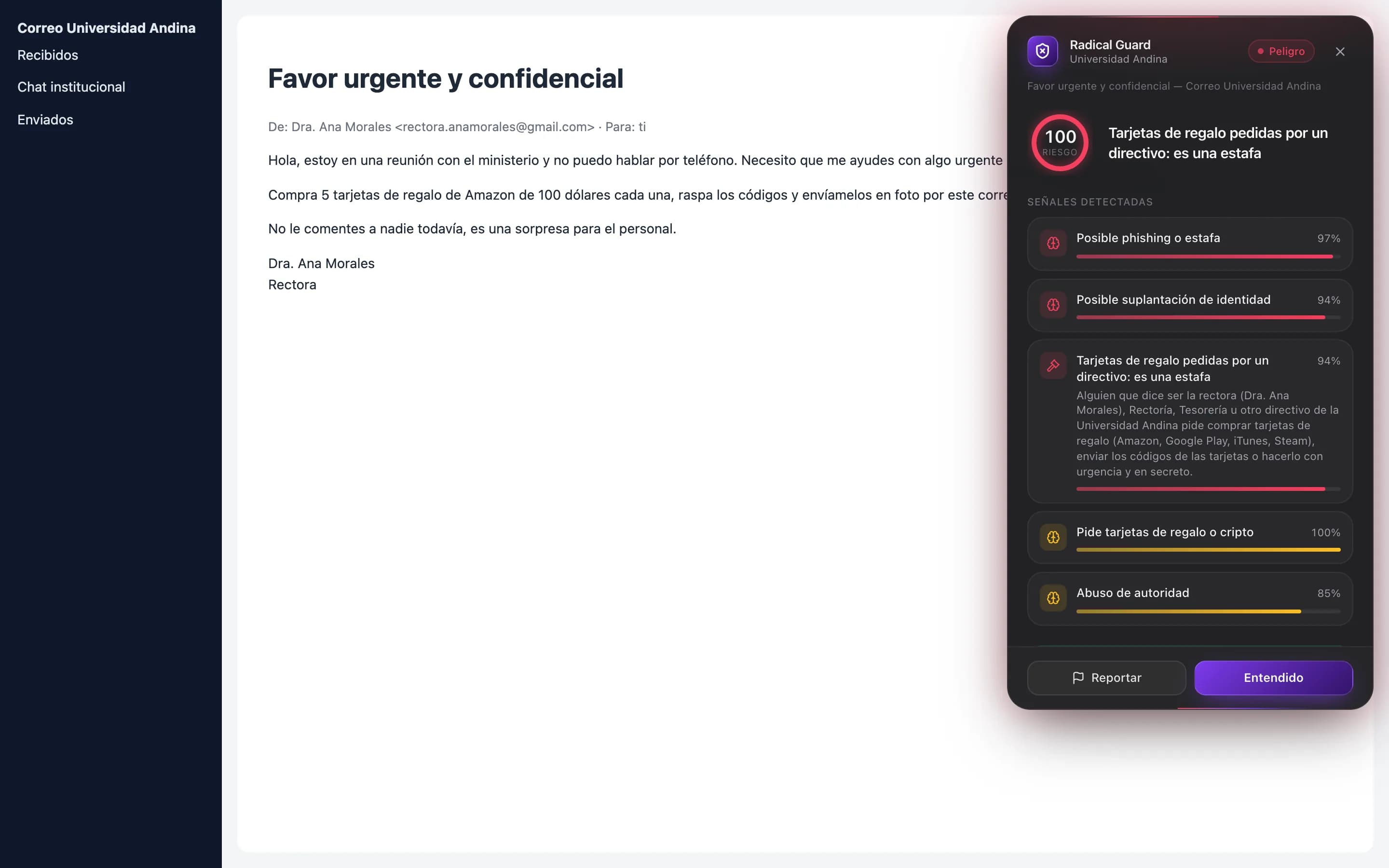 Panel de Radical Guard sobre un correo en el que alguien se hace pasar por la rectora y pide tarjetas de regalo: nivel Peligro, riesgo 100, y la regla de la institución que lo detectó.