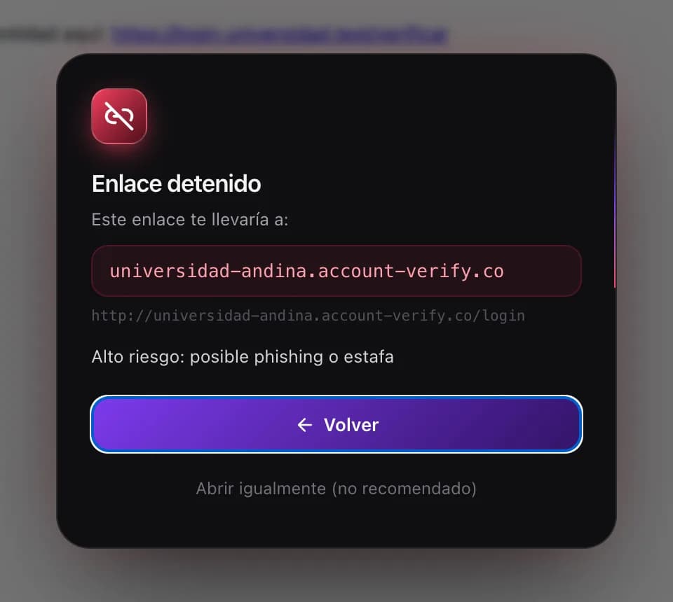 Aviso «Enlace detenido» que muestra el dominio real universidad-andina.account-verify.co y el botón Volver.