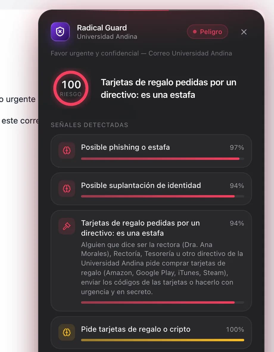 Panel de Radical Guard sobre un correo en el que alguien se hace pasar por la rectora y pide tarjetas de regalo: nivel Peligro, riesgo 100, y la regla de la institución que lo detectó.