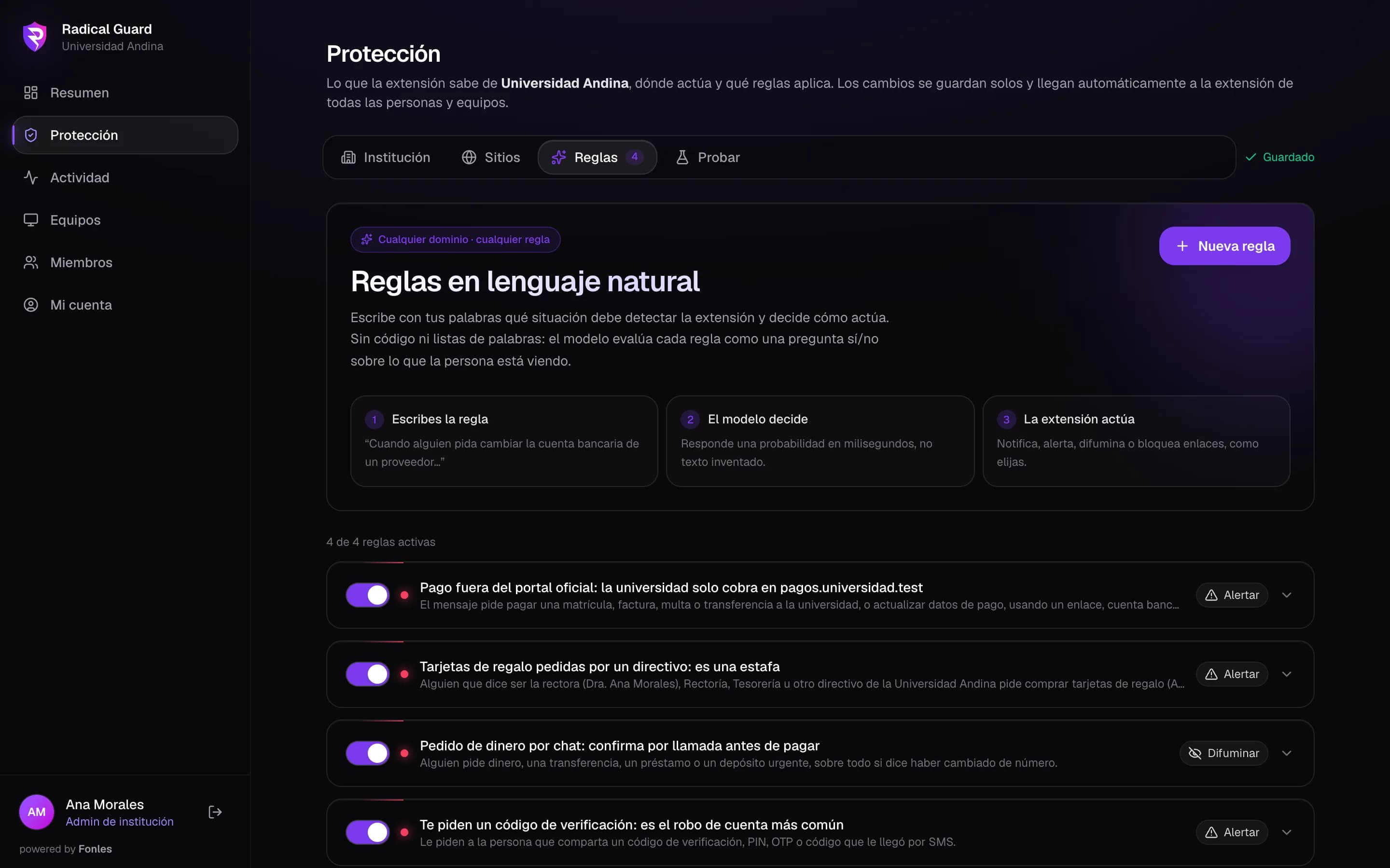 Consola web de Radical Guard, pestaña Reglas: reglas en lenguaje natural activas, como pagos fuera del portal oficial o tarjetas de regalo pedidas por un directivo, cada una con su acción.